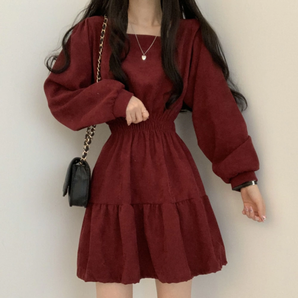 Vintage Mini Dress Women Sweet Retro Wrap Square Collar Long Sleeve Short Dresses