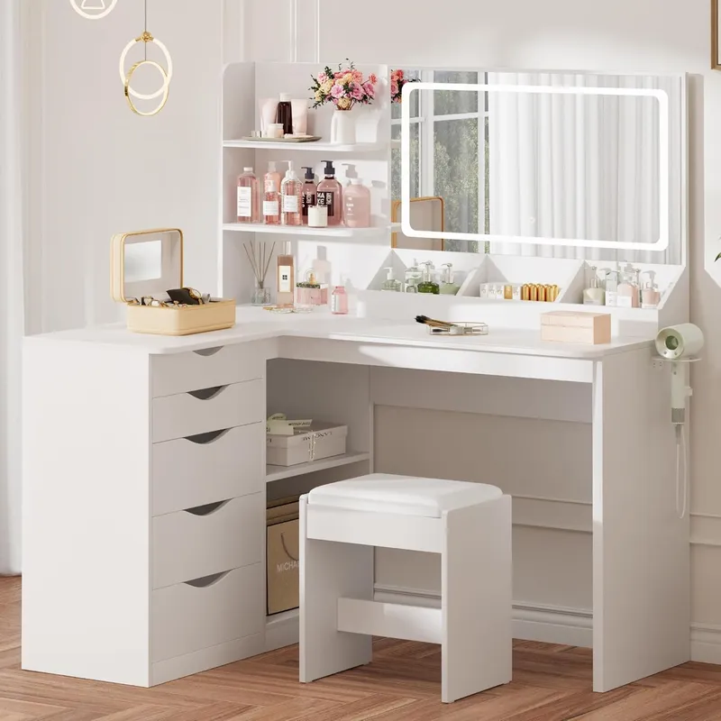 Furmax Vanity Desk with Mirror, L Shape Vanity